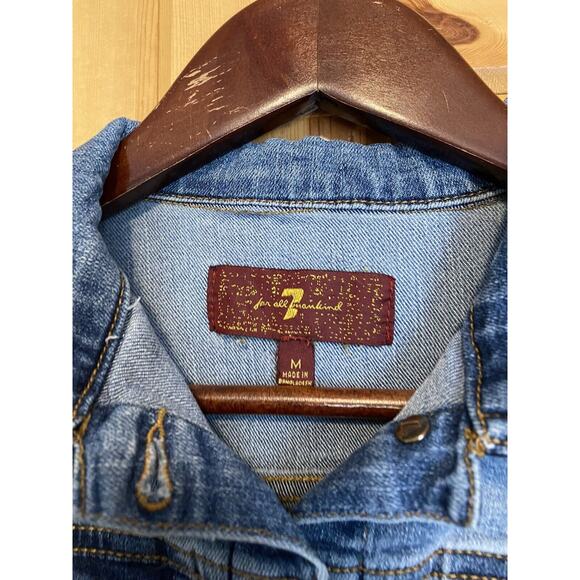 7 For All Mankind Denim Jacket Girls M Trucker Distressed Flap Pockets Stretchy - Picture 3 of 8
